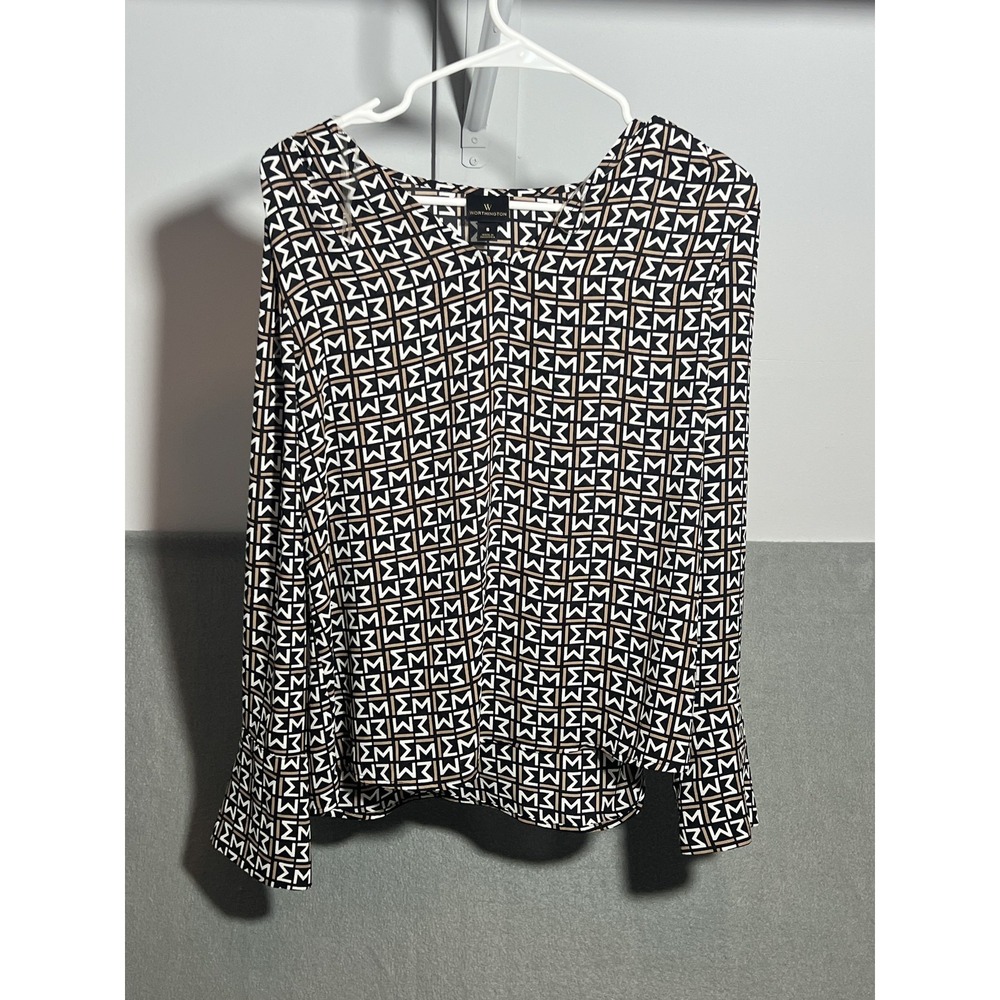 Worthington Women's S Black White Tan Geometric Pattern Blouse Top Long Sleeve